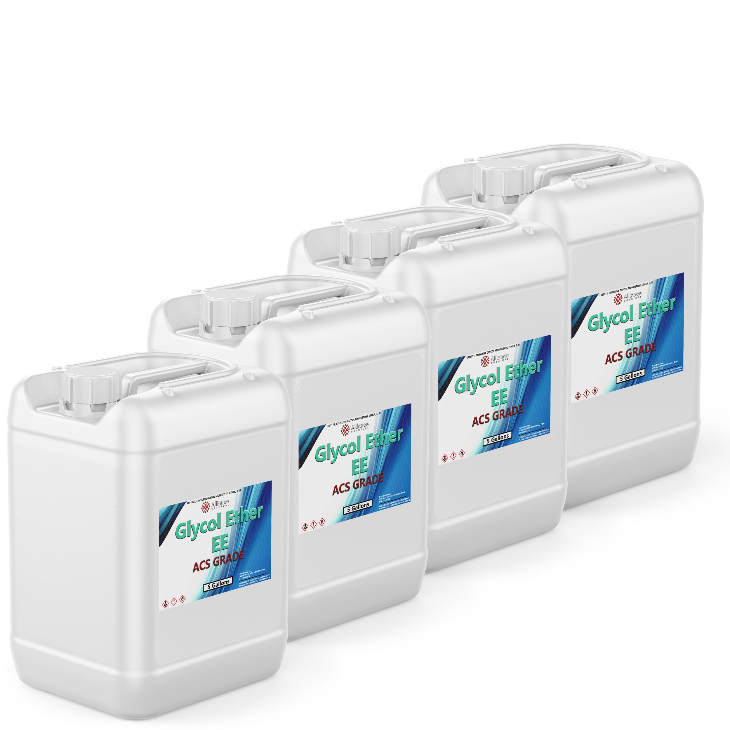 4x5-gallon white HDPE containers of Glycol Ether EE ACS Grade solvent with hazard warning symbols, screw-cap closure, Alliance Chemical brand.